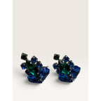 Blue Green Molded Glass Crystal Rhinestone Cluster Clip Earrings 1.08" Vintage