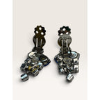 Blue Green Molded Glass Crystal Rhinestone Cluster Clip Earrings 1.08" Vintage