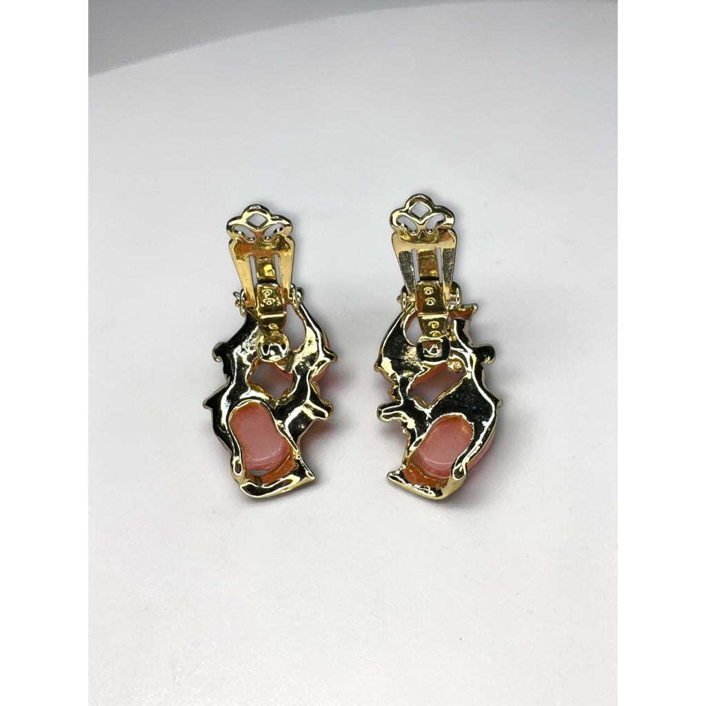 Pink Moonglow Lucite Cabochon Clip On Earrings Gold Tone 1960s Vintage