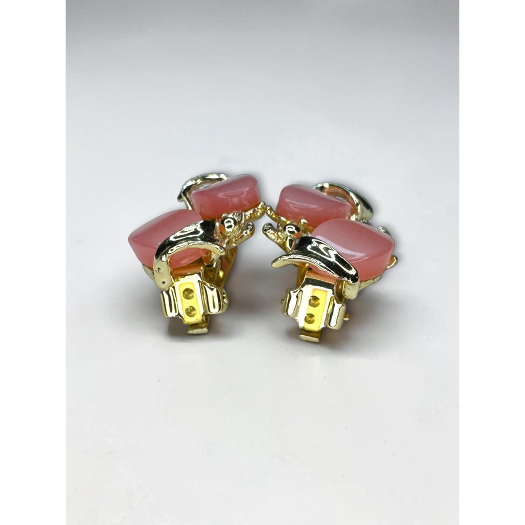 Pink Moonglow Lucite Cabochon Clip On Earrings Gold Tone 1960s Vintage