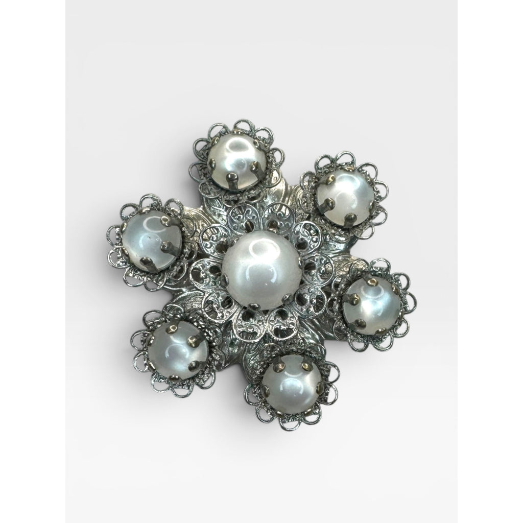 Moonglow Lucite Flower Brooch Silver Tone Filigree Floral Pin Vintage