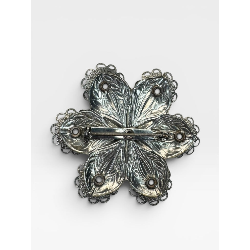 Moonglow Lucite Flower Brooch Silver Tone Filigree Floral Pin Vintage