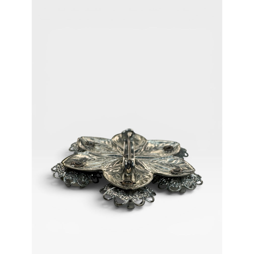 Moonglow Lucite Flower Brooch Silver Tone Filigree Floral Pin Vintage