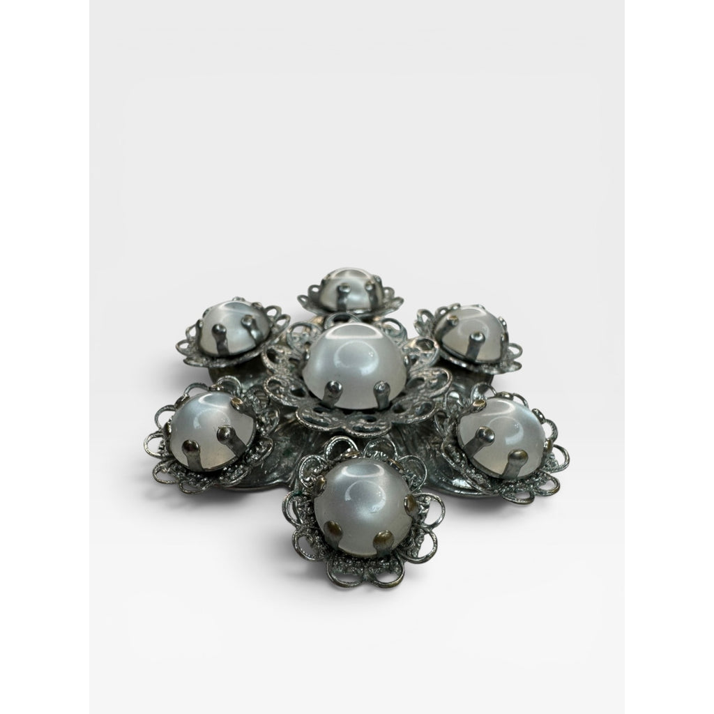 Moonglow Lucite Flower Brooch Silver Tone Filigree Floral Pin Vintage