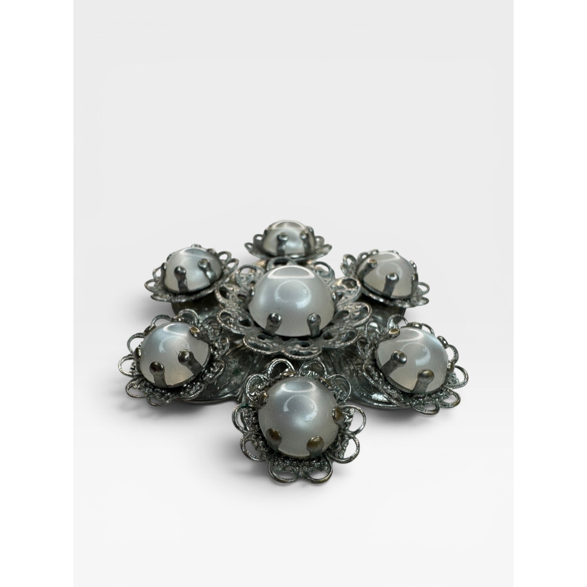 Moonglow Lucite Flower Brooch Silver Tone Filigree Floral Pin Vintage