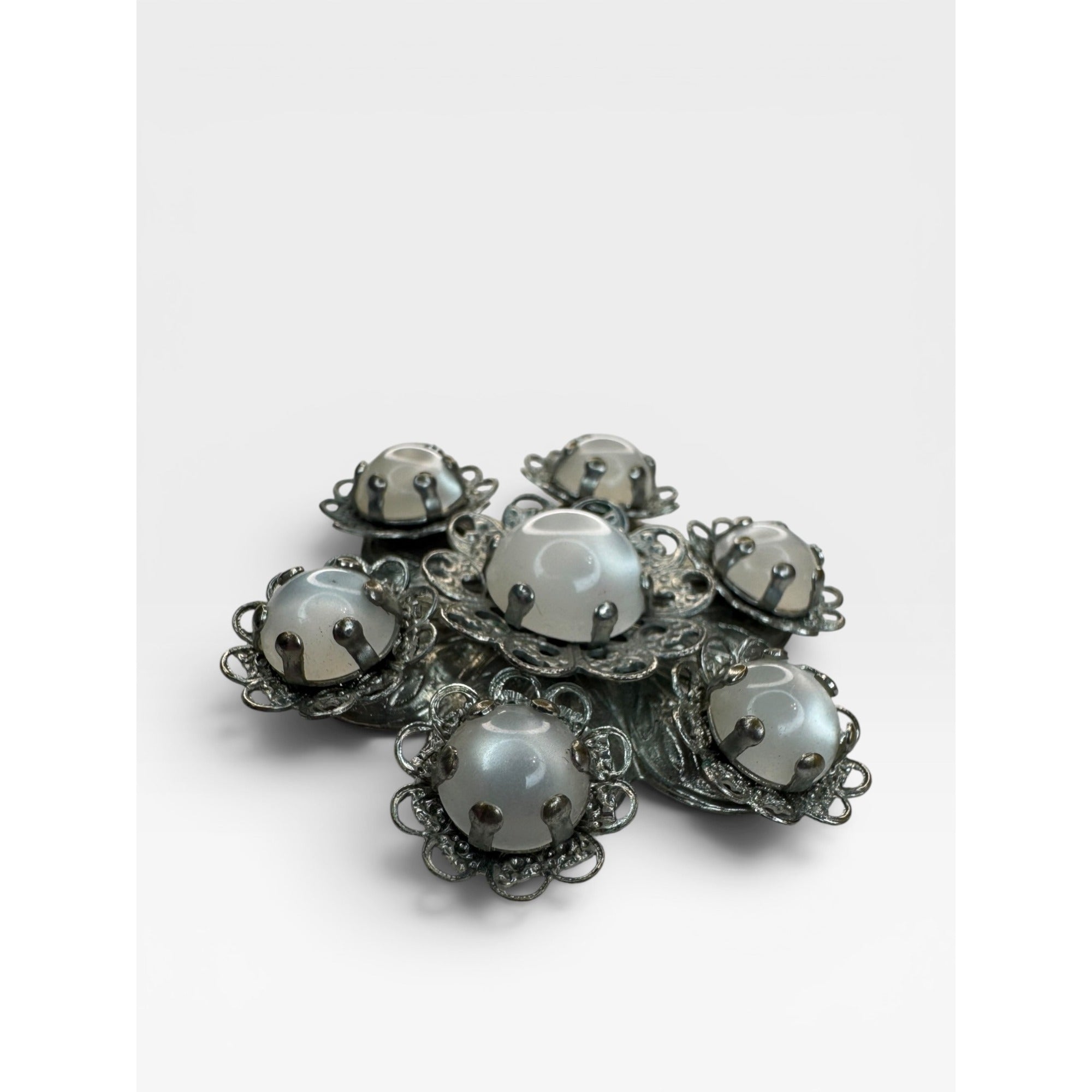 Moonglow Lucite Flower Brooch Silver Tone Filigree Floral Pin Vintage