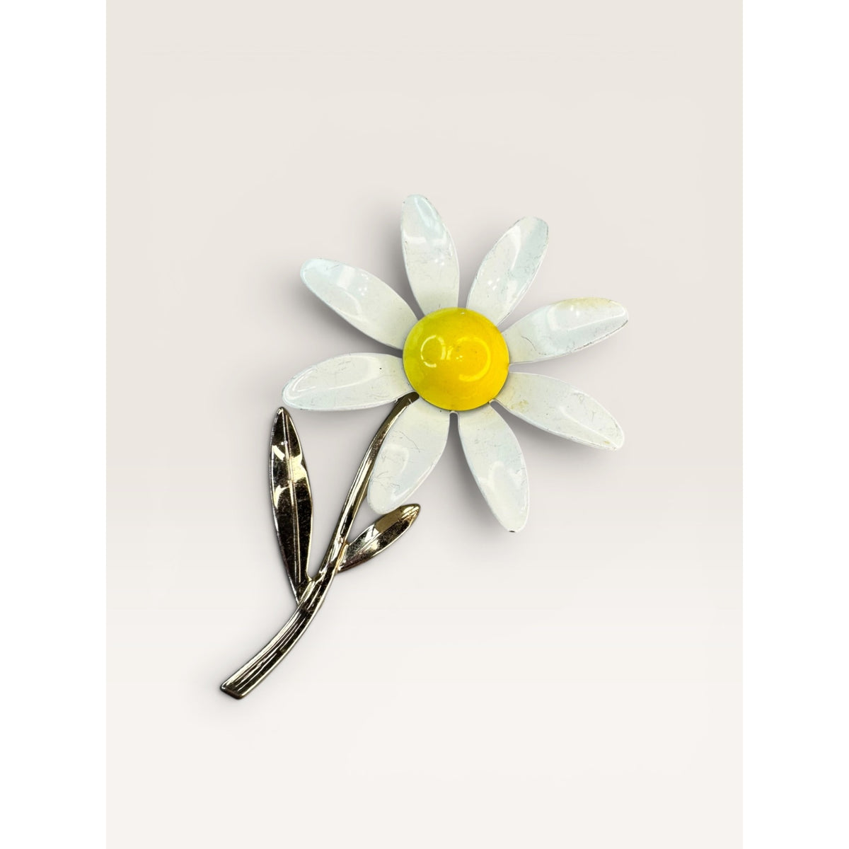 1960s Enamel Daisy Flower Brooch White Yellow Metal Stem Vintage