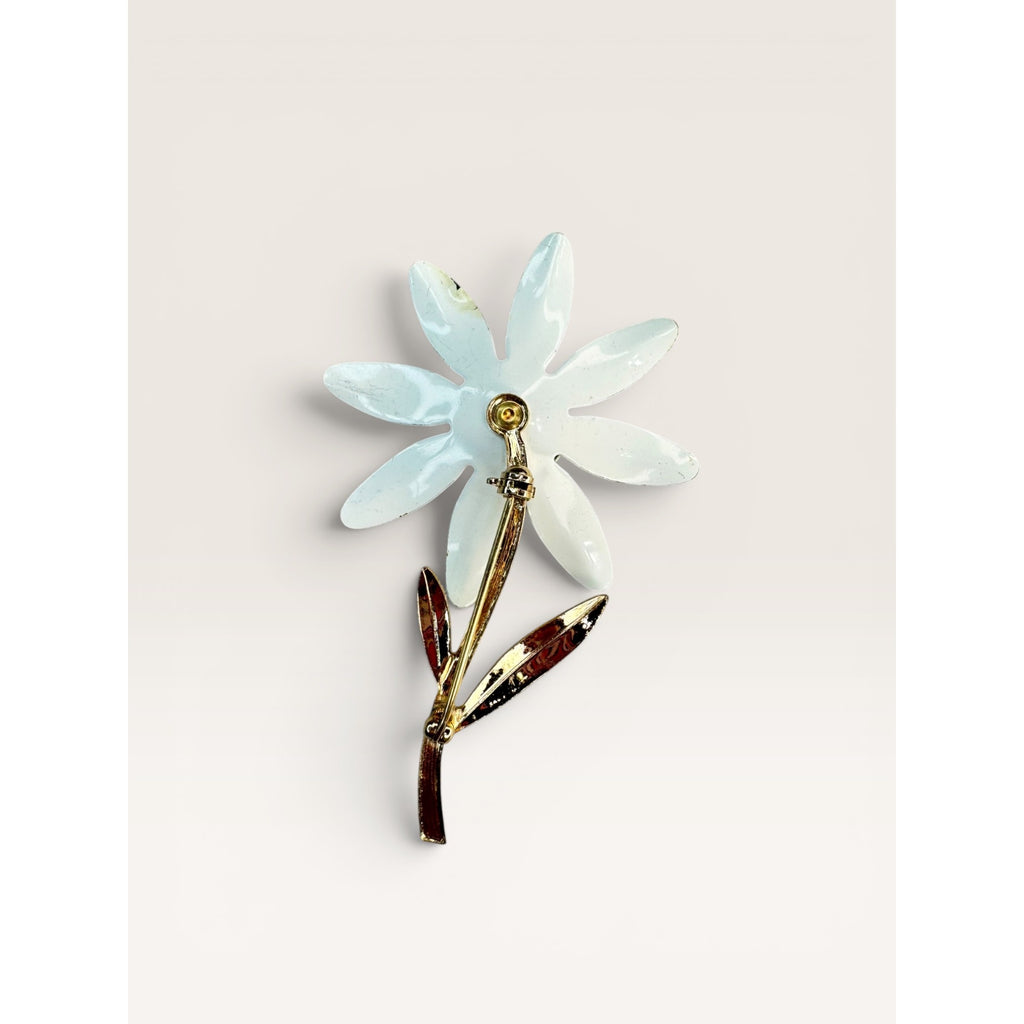 1960s Enamel Daisy Flower Brooch White Yellow Metal Stem Vintage