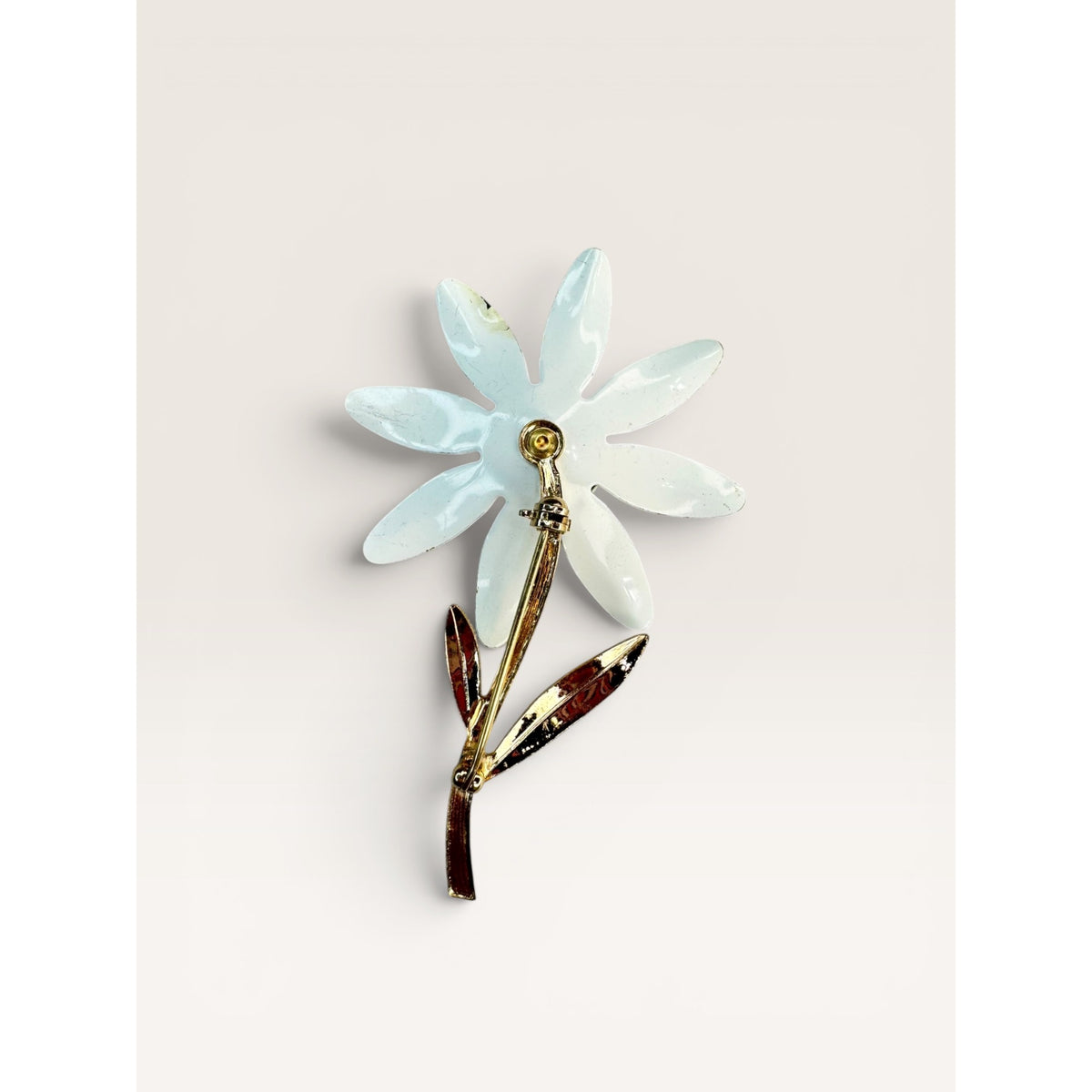1960s Enamel Daisy Flower Brooch White Yellow Metal Stem Vintage