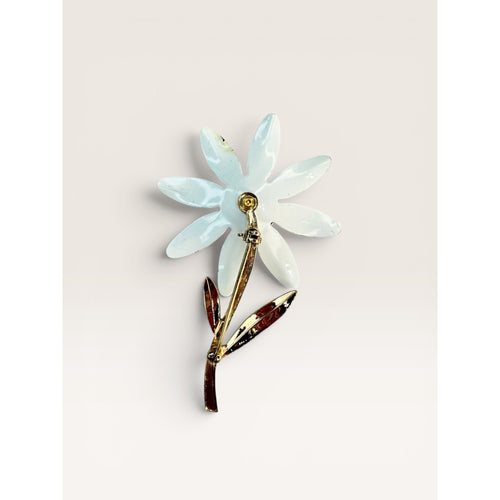 1960s Enamel Daisy Flower Brooch White Yellow Metal Stem Vintage