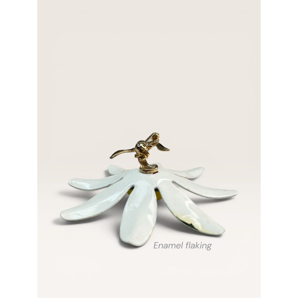 1960s Enamel Daisy Flower Brooch White Yellow Metal Stem Vintage