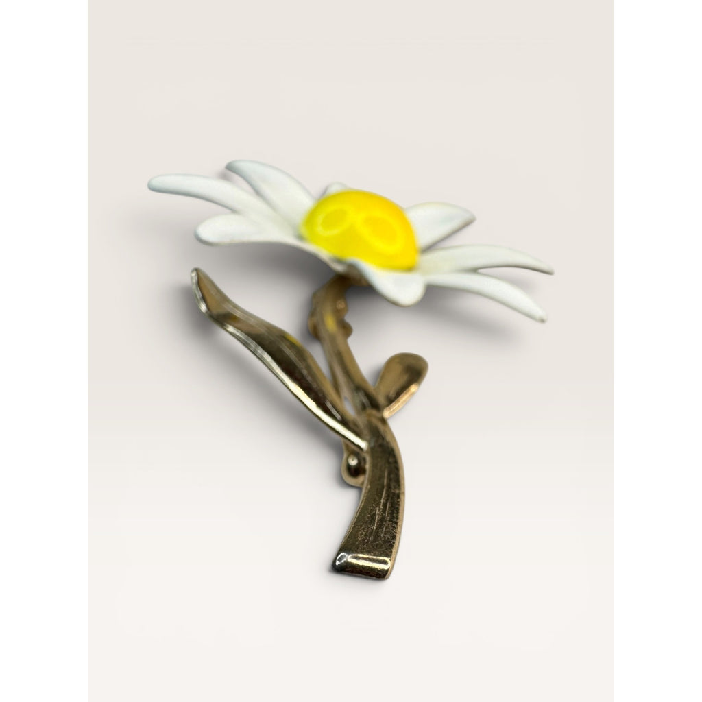 1960s Enamel Daisy Flower Brooch White Yellow Metal Stem Vintage