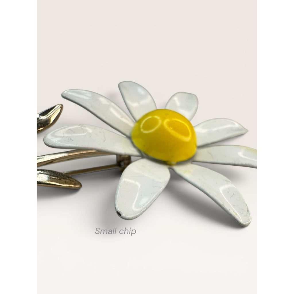 1960s Enamel Daisy Flower Brooch White Yellow Metal Stem Vintage