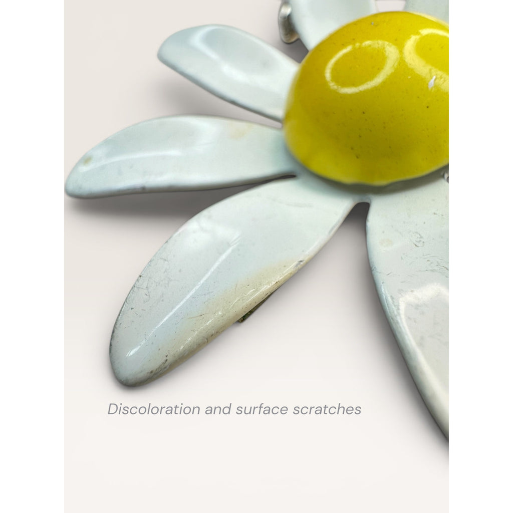 1960s Enamel Daisy Flower Brooch White Yellow Metal Stem Vintage