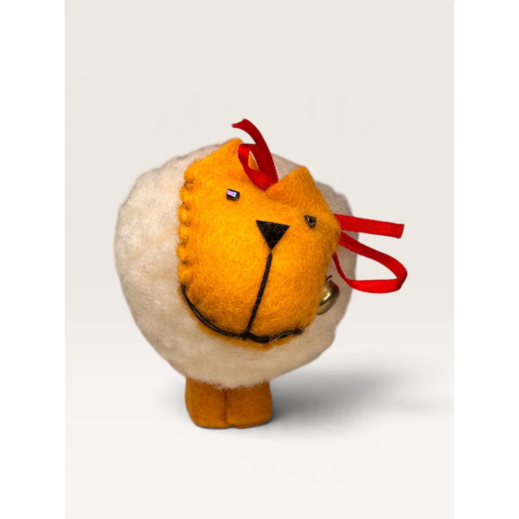 Lion Plush Ornament Yellow White Felt Wool Pom Pom Handmade Vintage 1980s