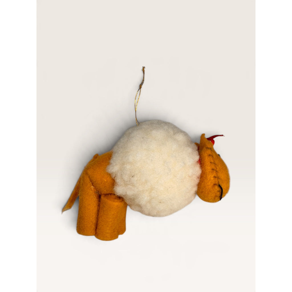 Lion Plush Ornament Yellow White Felt Wool Pom Pom Handmade Vintage 1980s