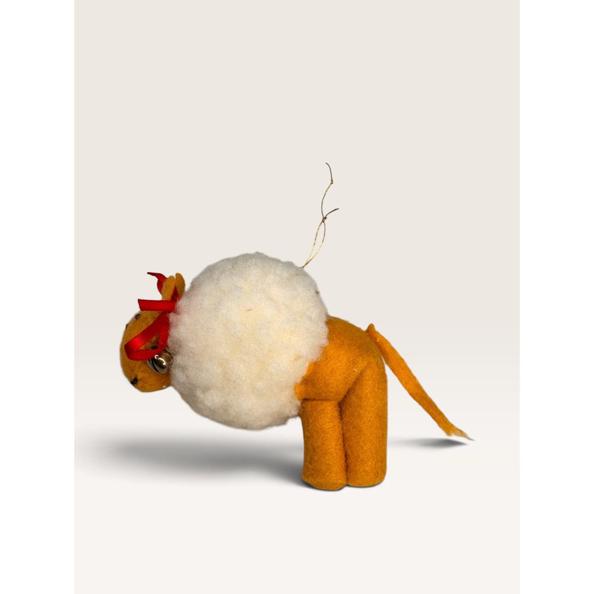 Lion Plush Ornament Yellow White Felt Wool Pom Pom Handmade Vintage 1980s