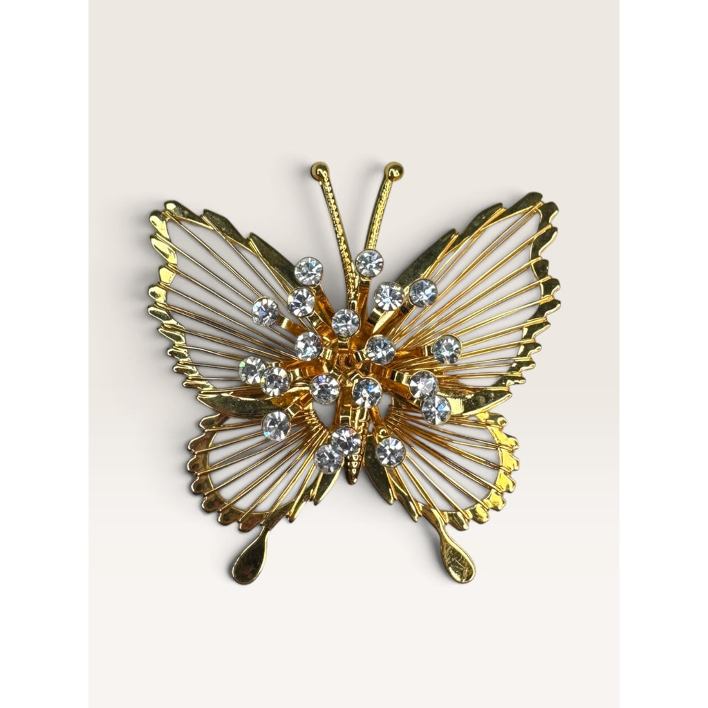 Monet Vintage 1970s Gold Tone Openwork Wire Butterfly Clear Rhinestone Brooch 1.68"