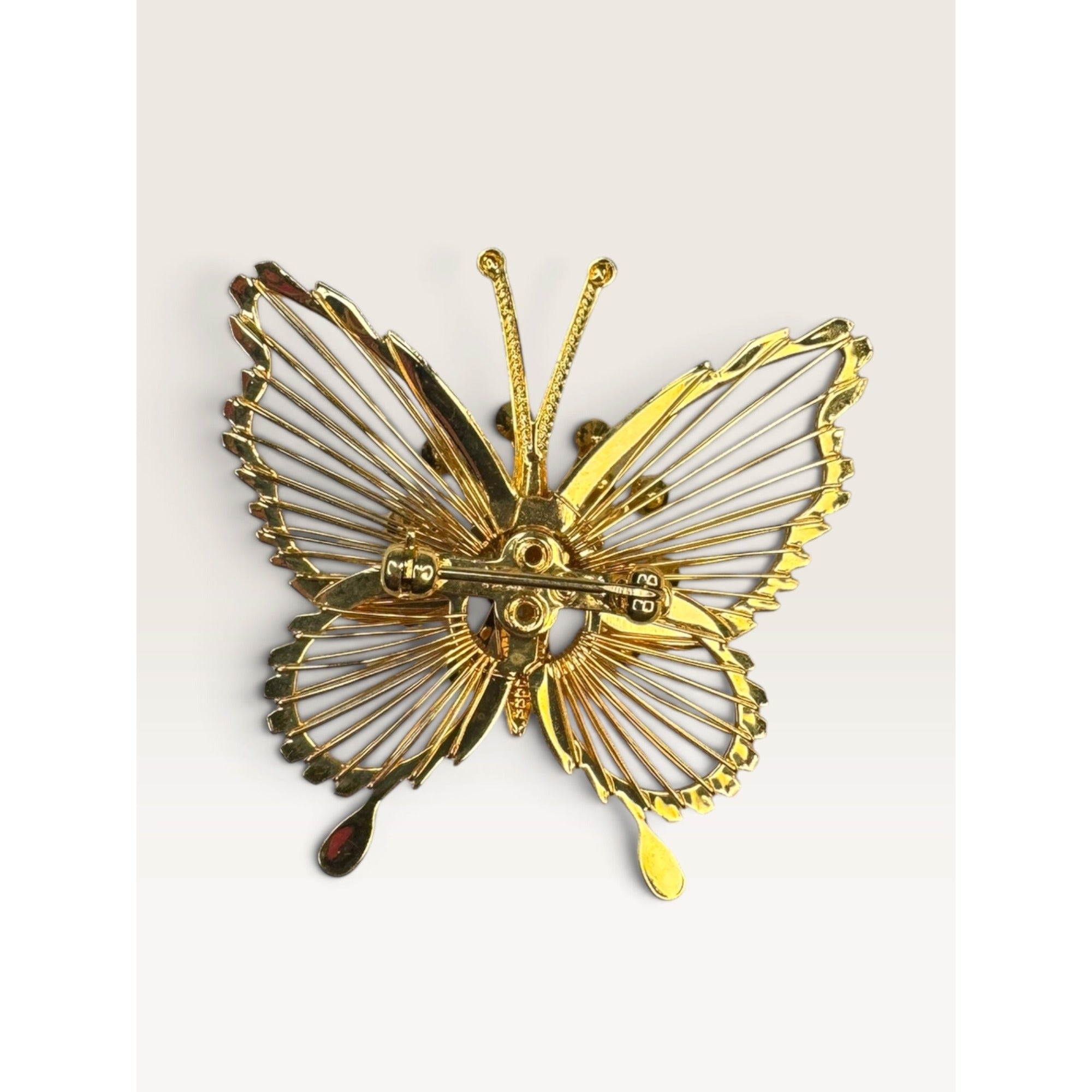 Monet Vintage 1970s Gold Tone Openwork Wire Butterfly Clear Rhinestone Brooch 1.68"