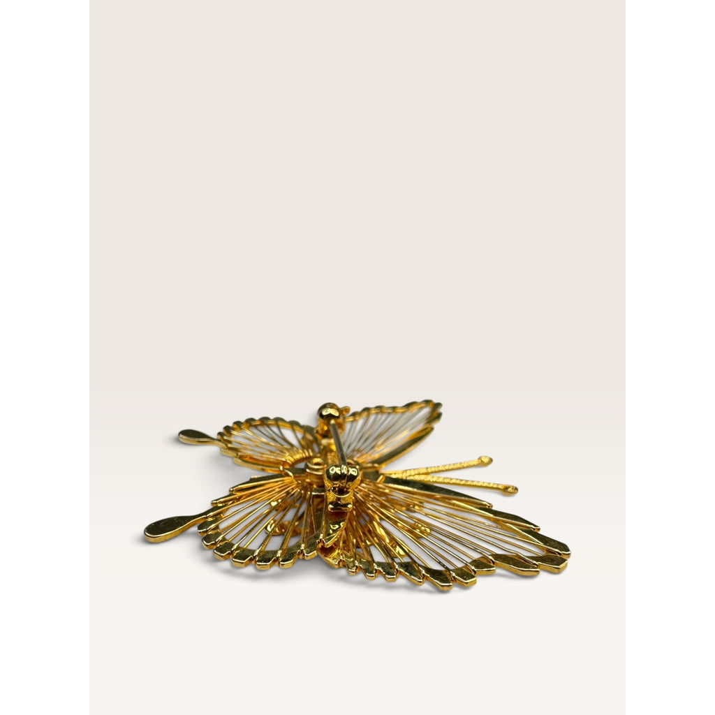 Monet Vintage 1970s Gold Tone Openwork Wire Butterfly Clear Rhinestone Brooch 1.68"