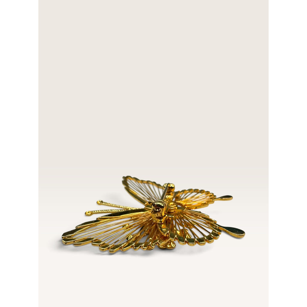 Monet Vintage 1970s Gold Tone Openwork Wire Butterfly Clear Rhinestone Brooch 1.68"