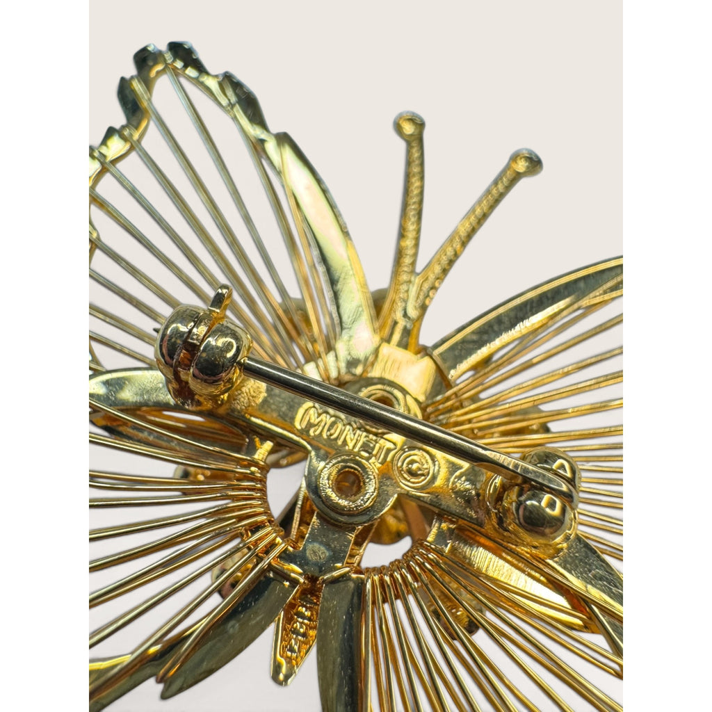 Monet Vintage 1970s Gold Tone Openwork Wire Butterfly Clear Rhinestone Brooch 1.68"