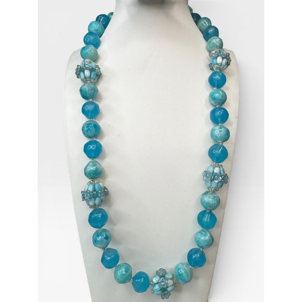 West Germany Blue Swirl Acrylic Cluster Beaded 1950s Statement Necklace Vintage