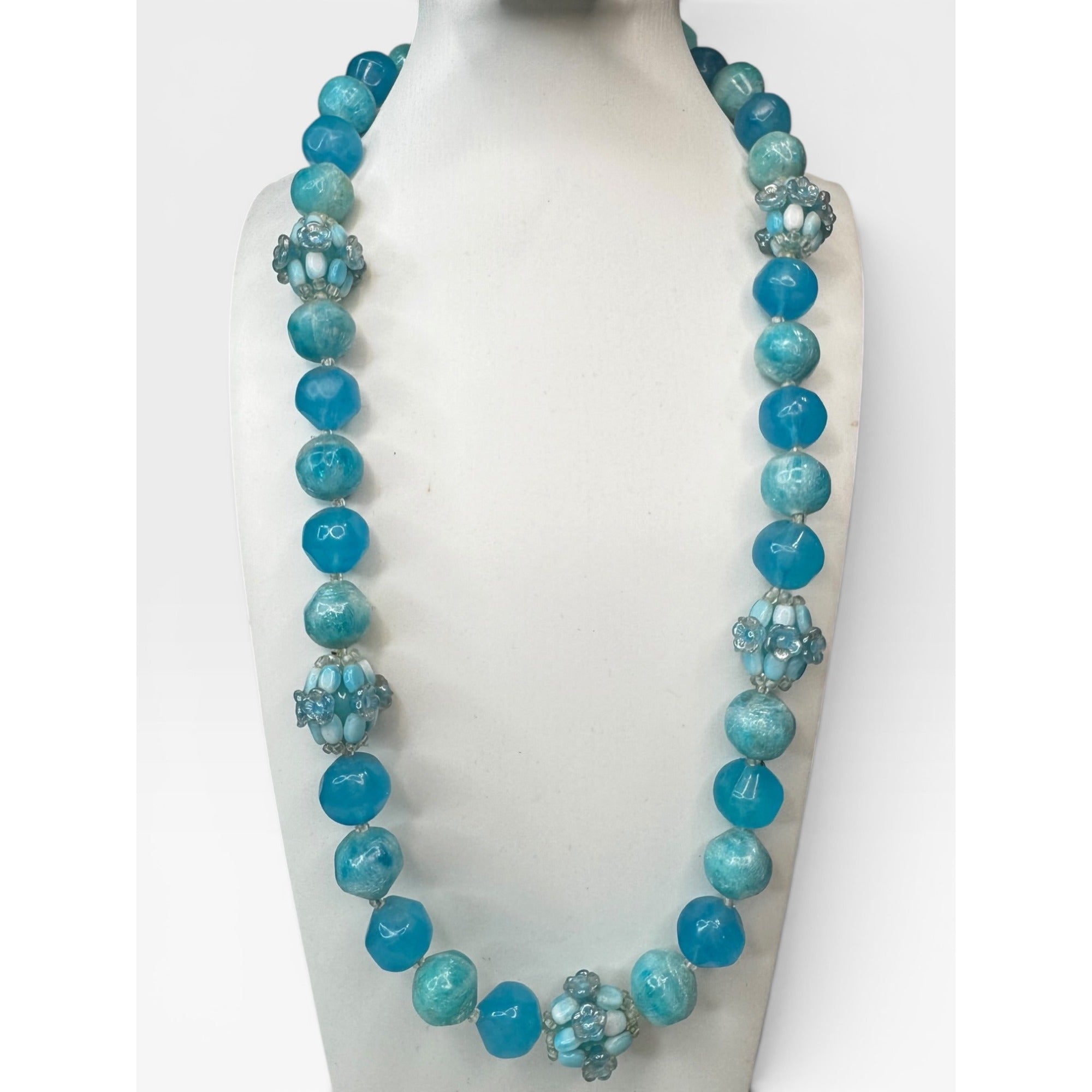 West Germany Blue Swirl Acrylic Cluster Beaded 1950s Statement Necklace Vintage