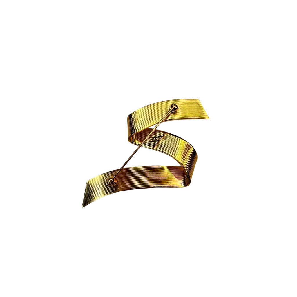 Monet Ribbon Brooch Gold Tone Curved Modernist 1980s