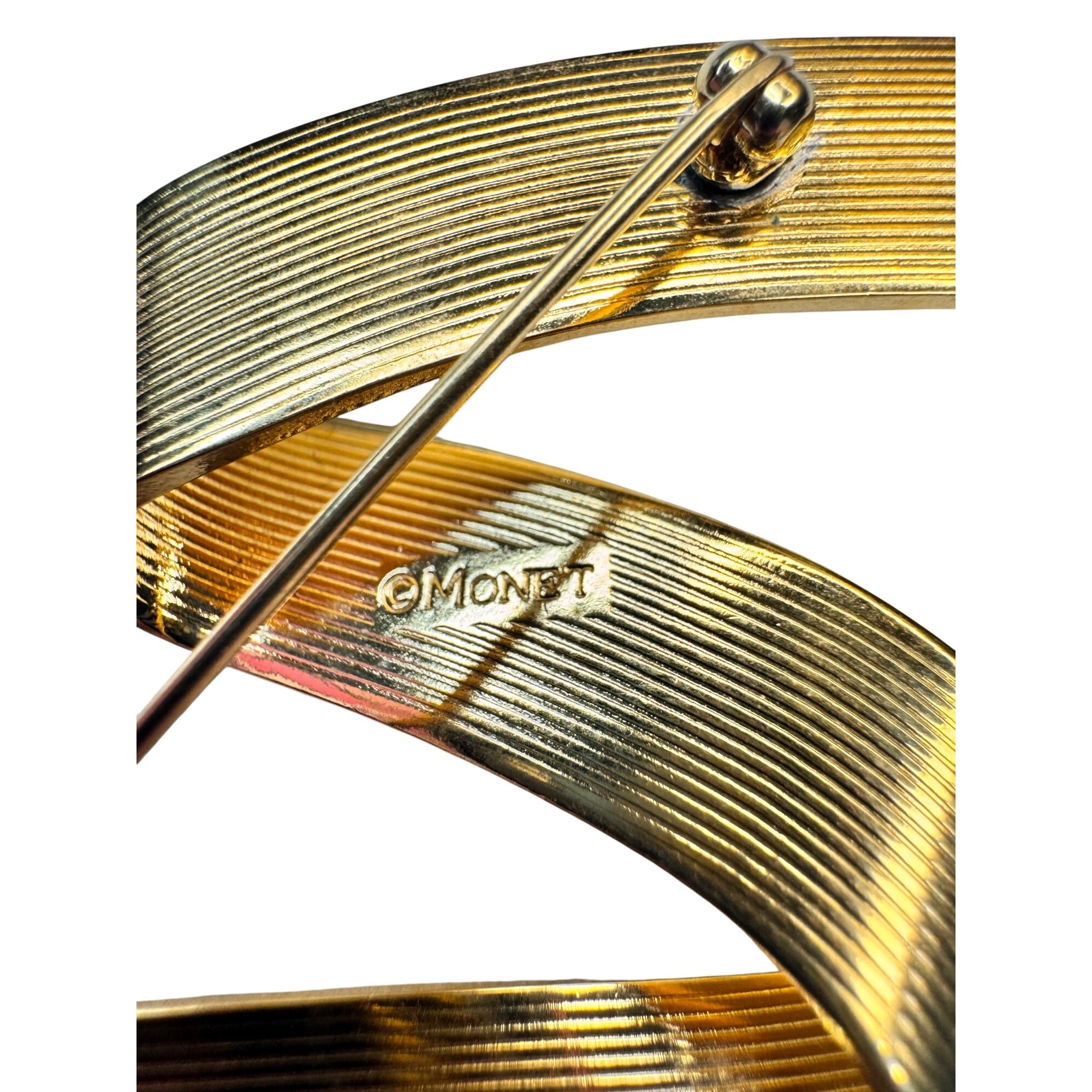 Monet Ribbon Brooch Gold Tone Curved Modernist 1980s