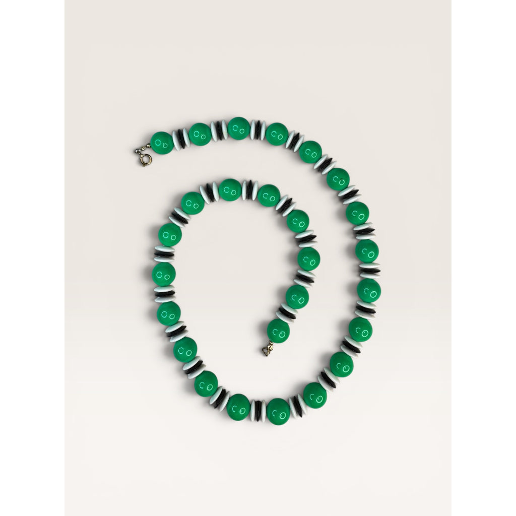 1970s Green Black White Acrylic Bead Single Strand Necklace 23" Vintage
