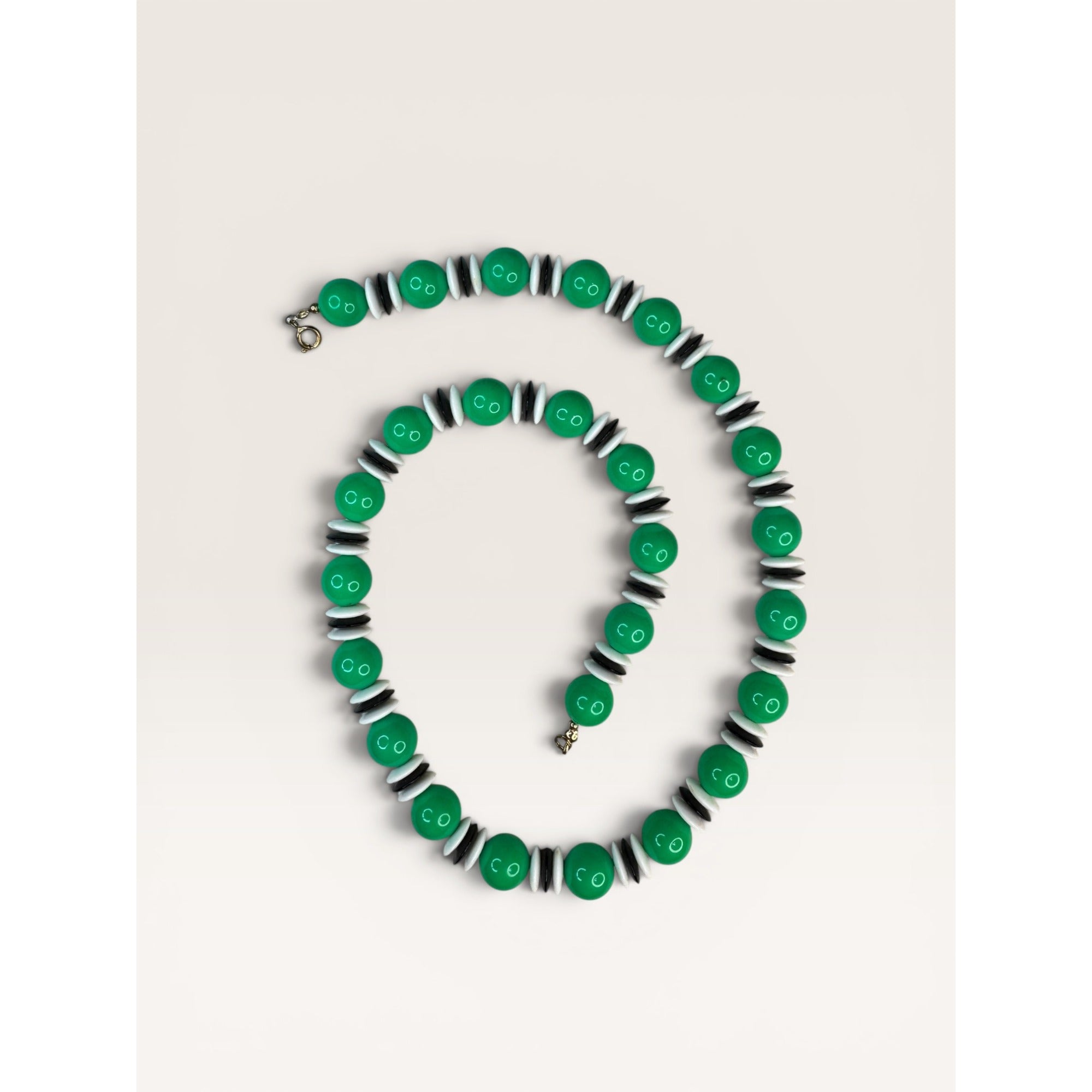 1970s Green Black White Acrylic Bead Single Strand Necklace 23" Vintage