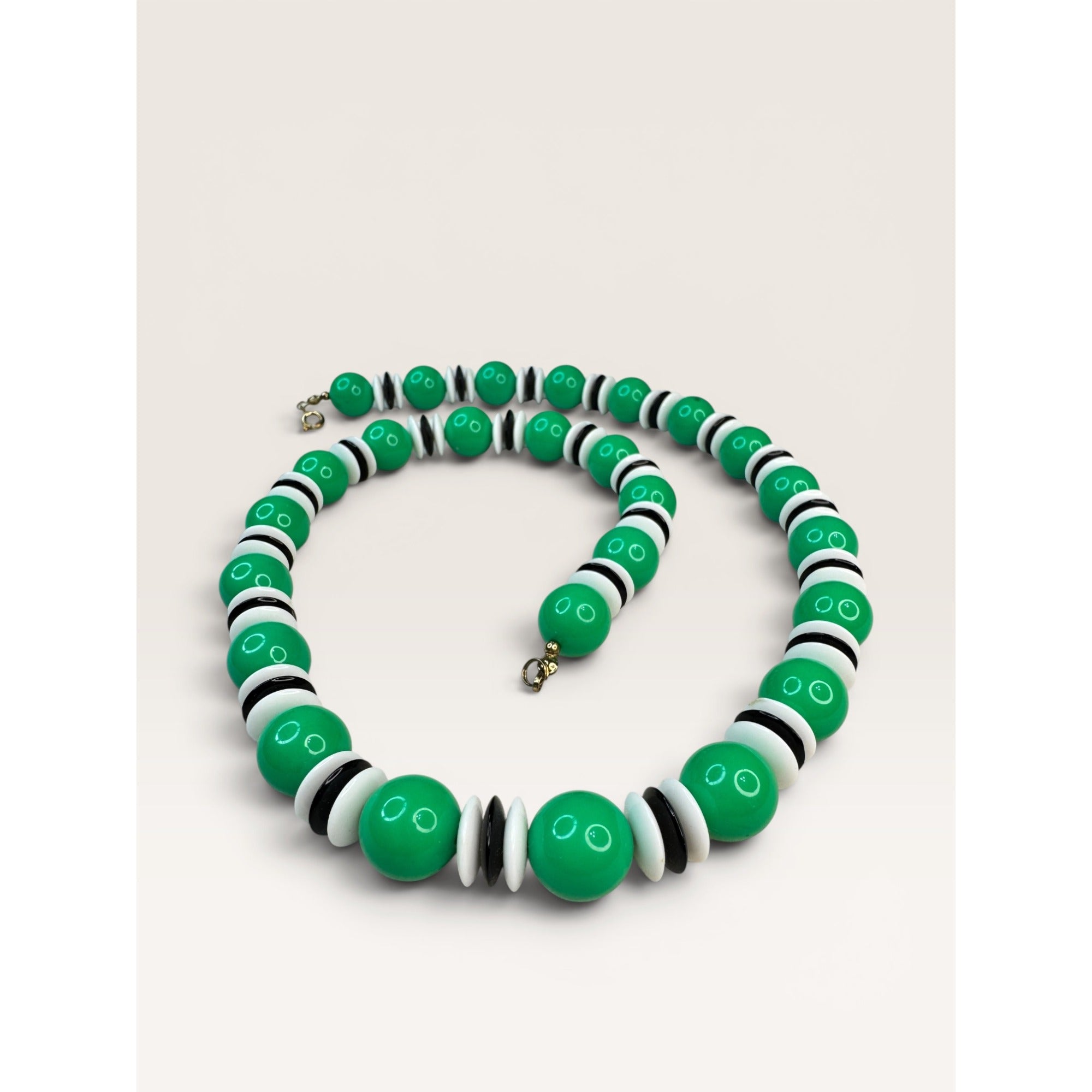 1970s Green Black White Acrylic Bead Single Strand Necklace 23" Vintage