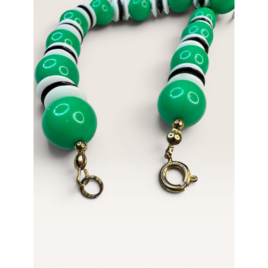 1970s Green Black White Acrylic Bead Single Strand Necklace 23" Vintage