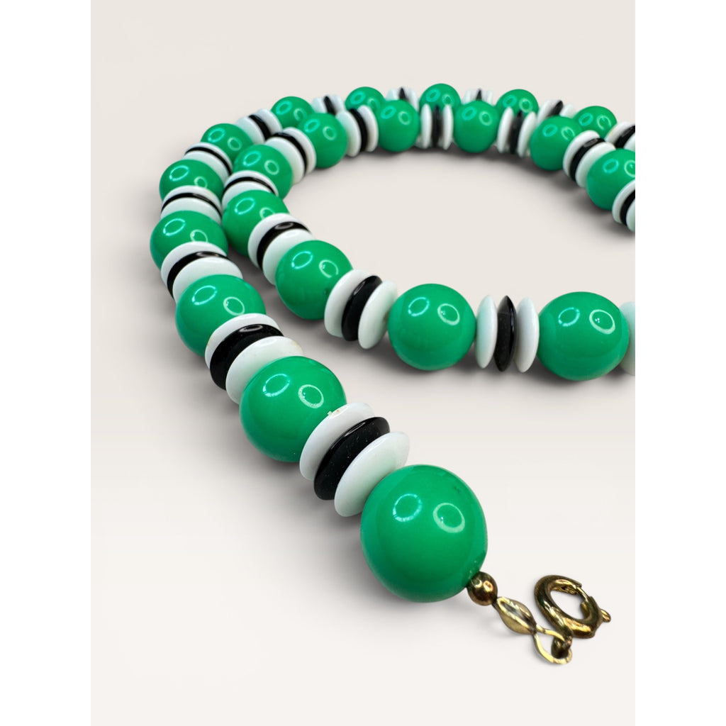 1970s Green Black White Acrylic Bead Single Strand Necklace 23" Vintage