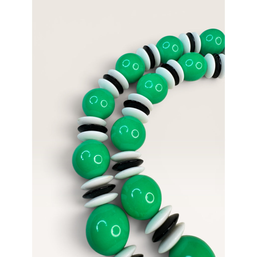 1970s Green Black White Acrylic Bead Single Strand Necklace 23" Vintage