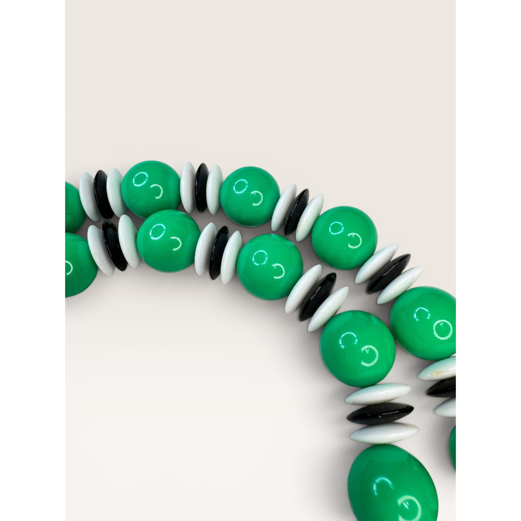 1970s Green Black White Acrylic Bead Single Strand Necklace 23" Vintage