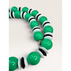 1970s Green Black White Acrylic Bead Single Strand Necklace 23" Vintage