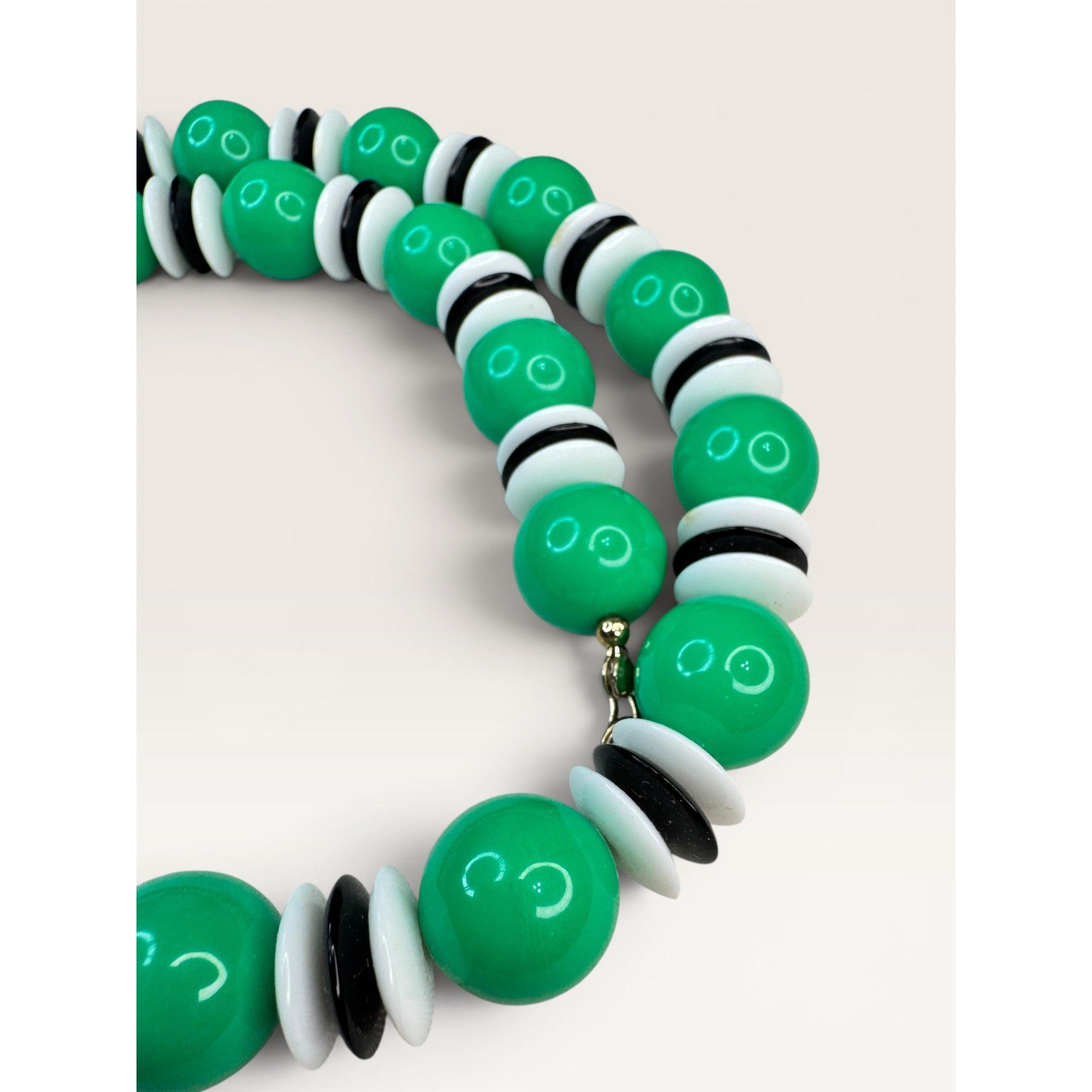 1970s Green Black White Acrylic Bead Single Strand Necklace 23" Vintage