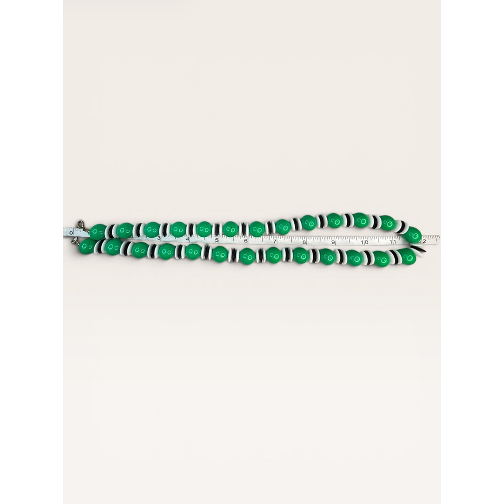 1970s Green Black White Acrylic Bead Single Strand Necklace 23" Vintage