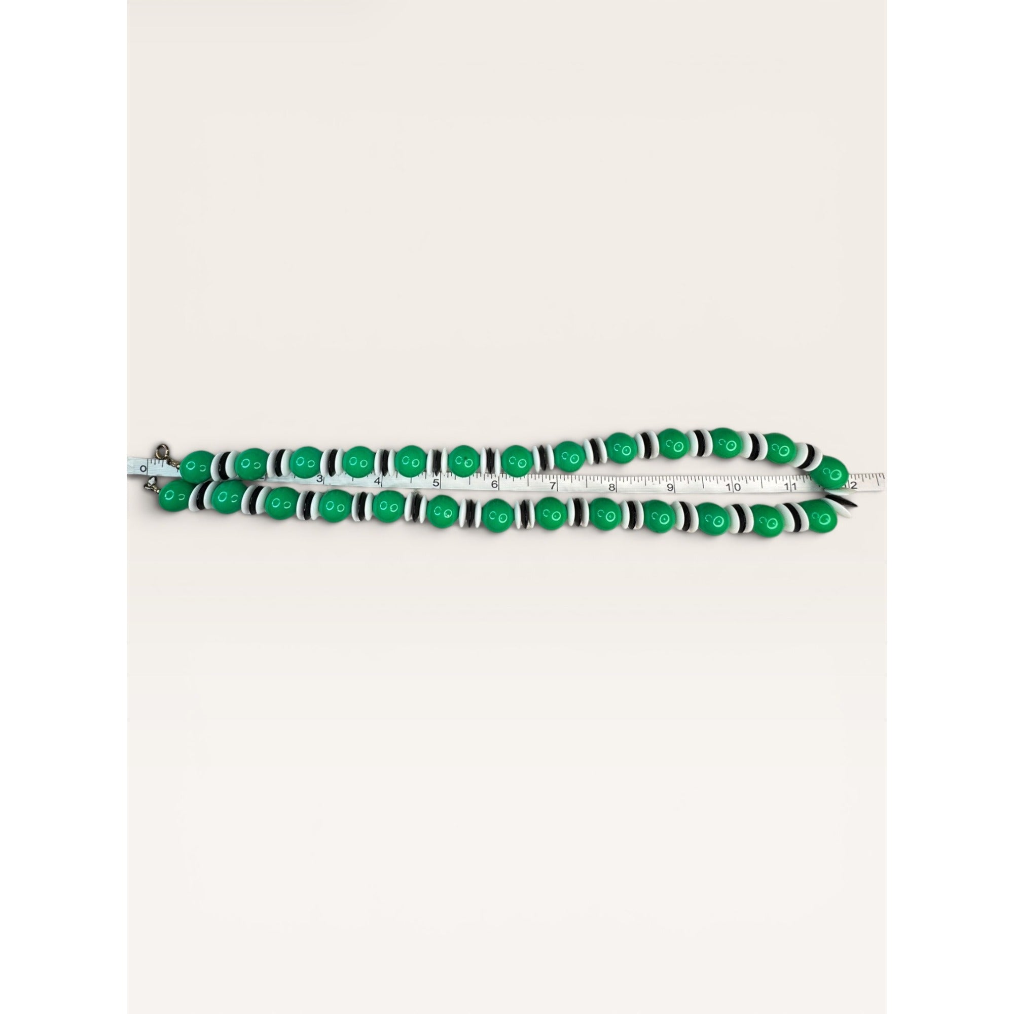 1970s Green Black White Acrylic Bead Single Strand Necklace 23" Vintage