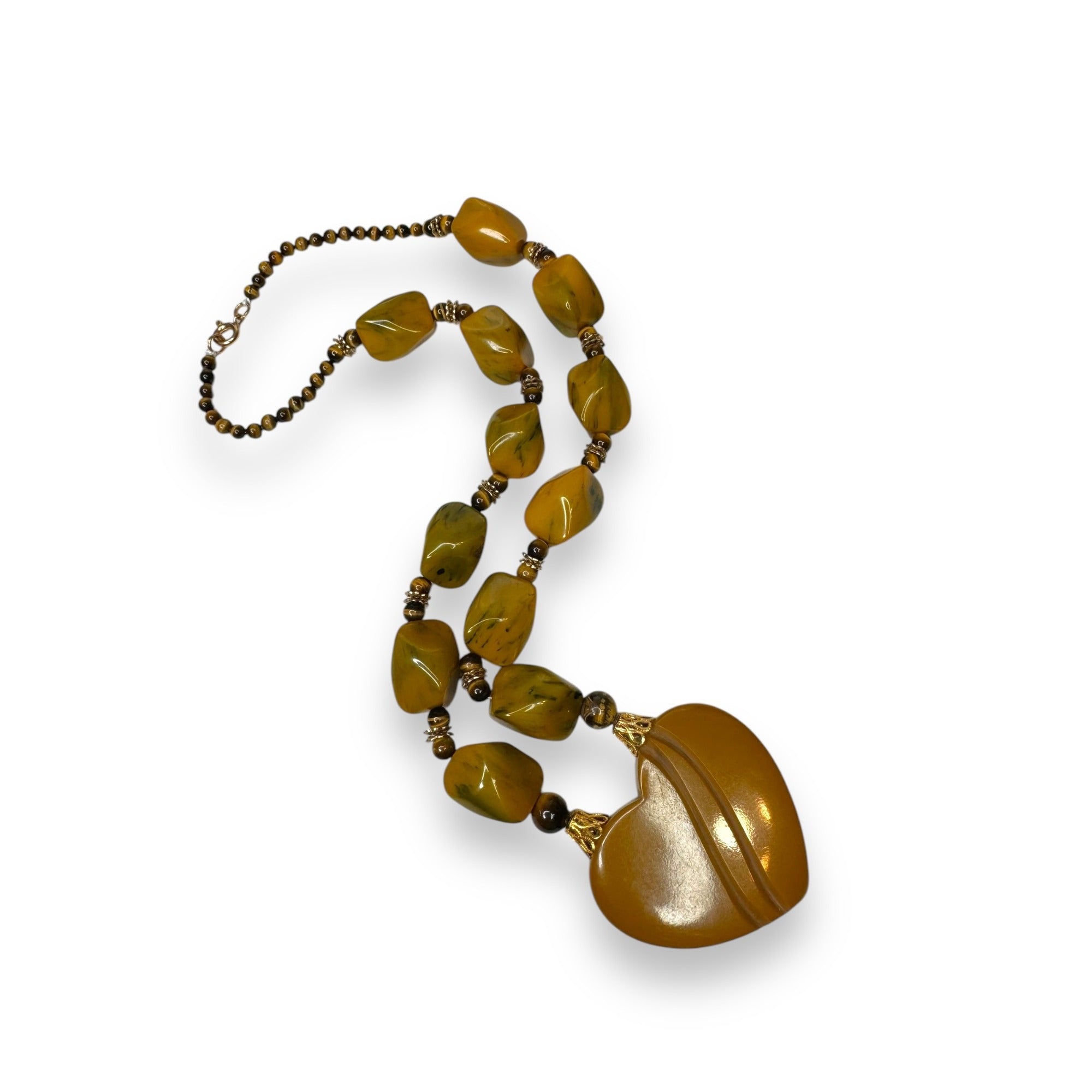 Bakelite Tigers Eye Beaded Necklace Heart Pendant 20" Spring Ring Vintage