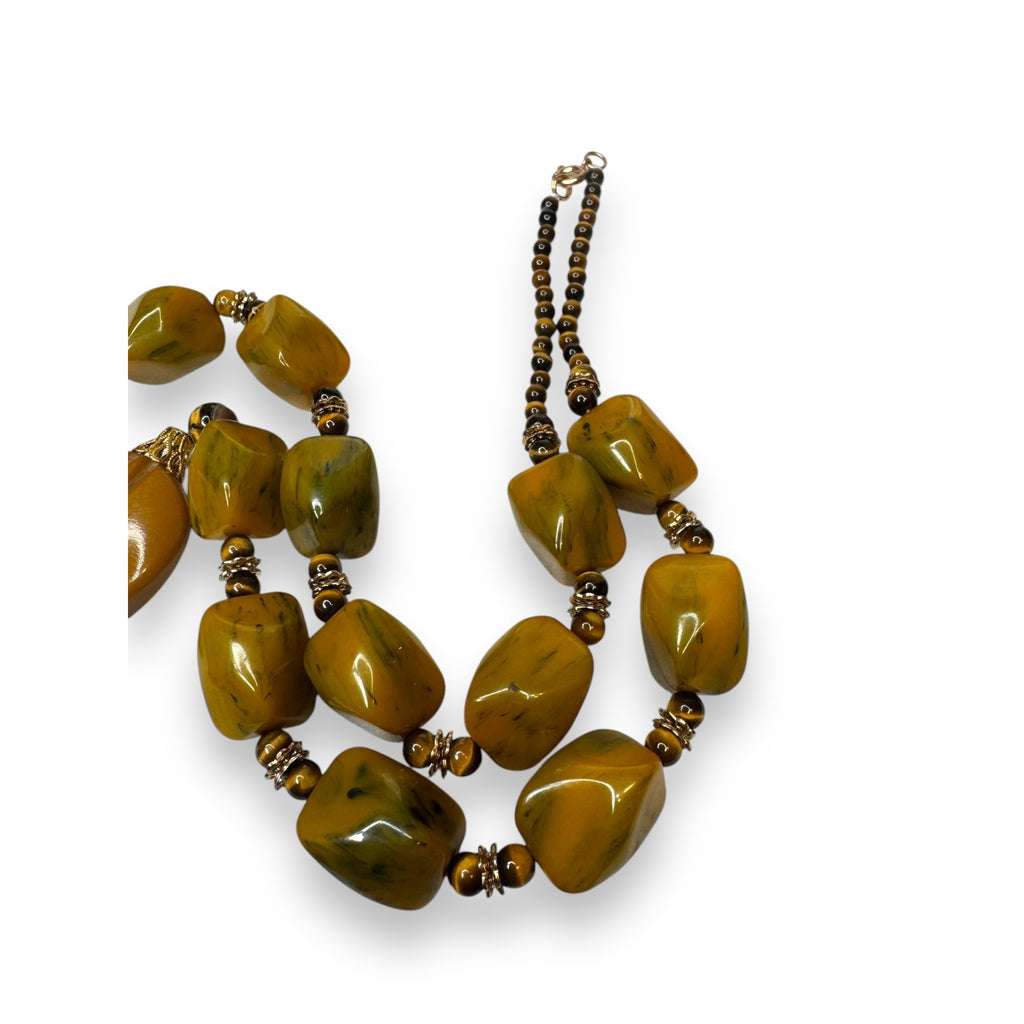 Bakelite Tigers Eye Beaded Necklace Heart Pendant 20" Spring Ring Vintage