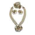 Miriam Haskell Pearl Floral Parure Necklace Bracelet Earrings Set Gold Tone
