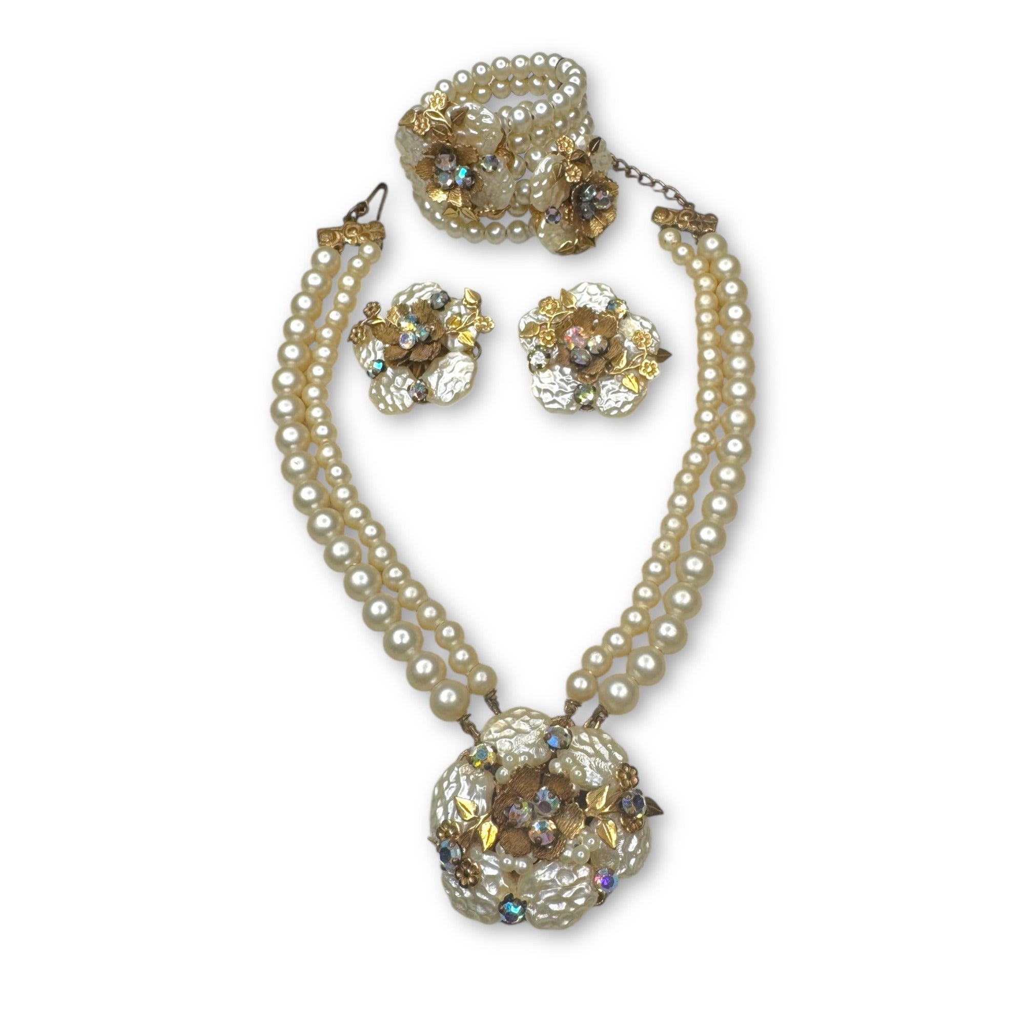 Miriam Haskell Pearl Floral Parure Necklace Bracelet Earrings Set Gold Tone