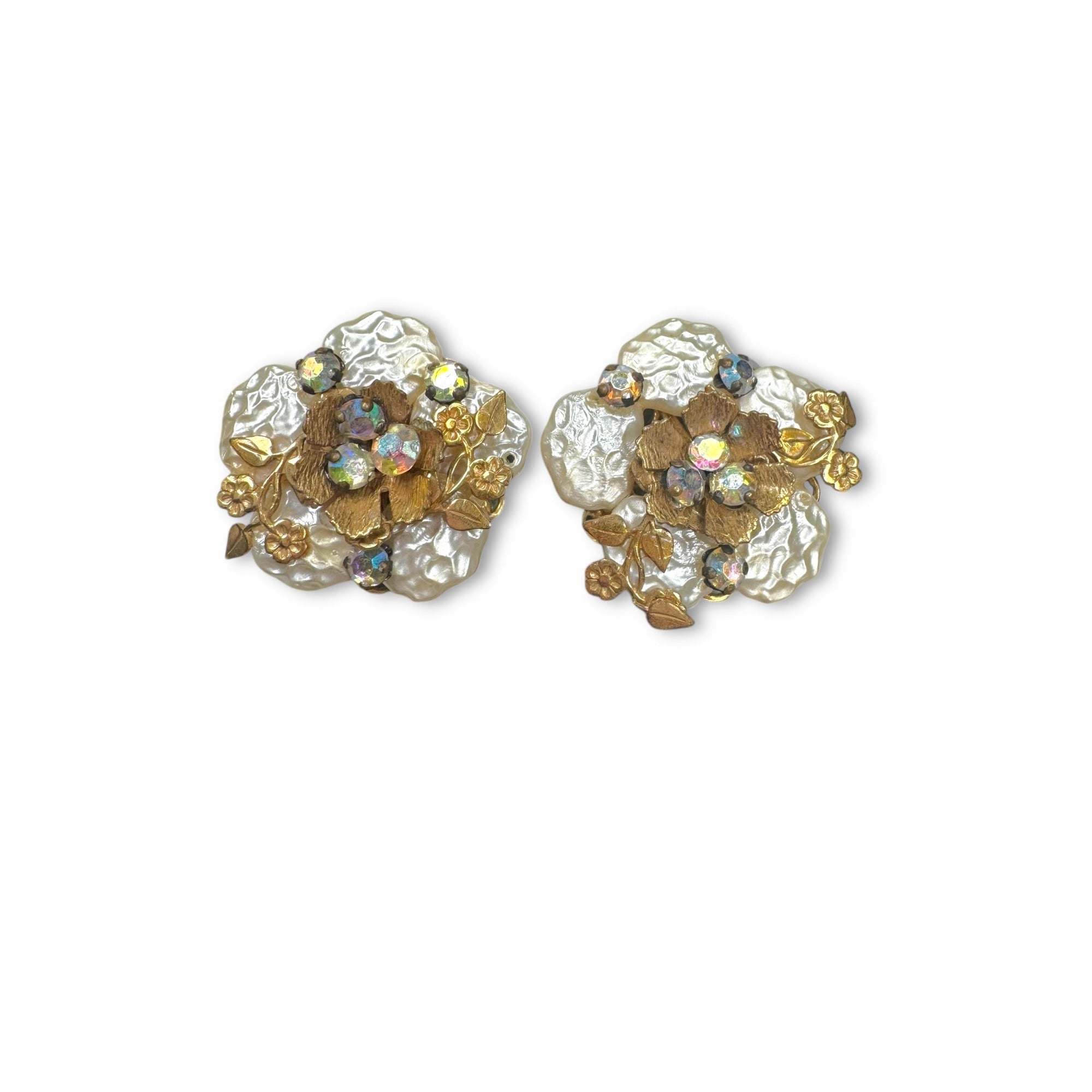 Miriam Haskell Pearl Floral Parure Necklace Bracelet Earrings Set Gold Tone