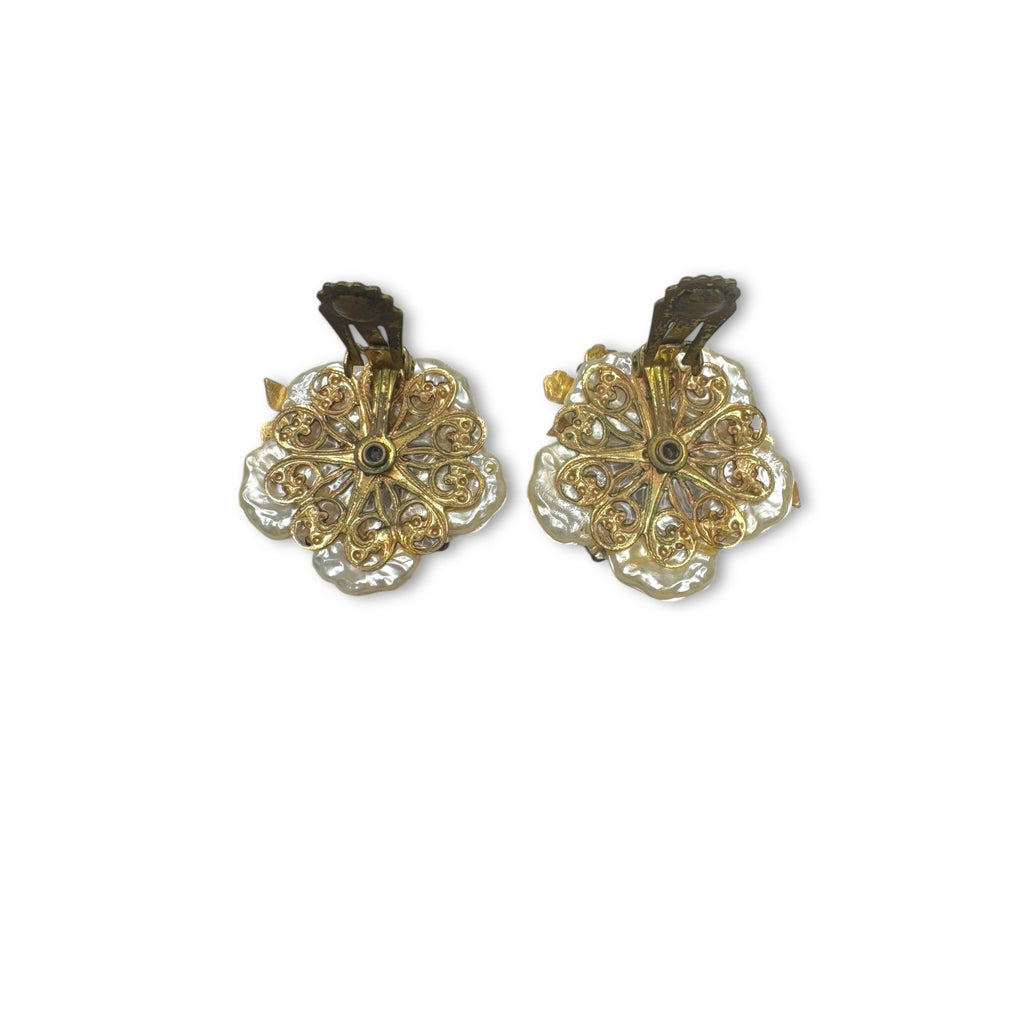 Miriam Haskell Pearl Floral Parure Necklace Bracelet Earrings Set Gold Tone