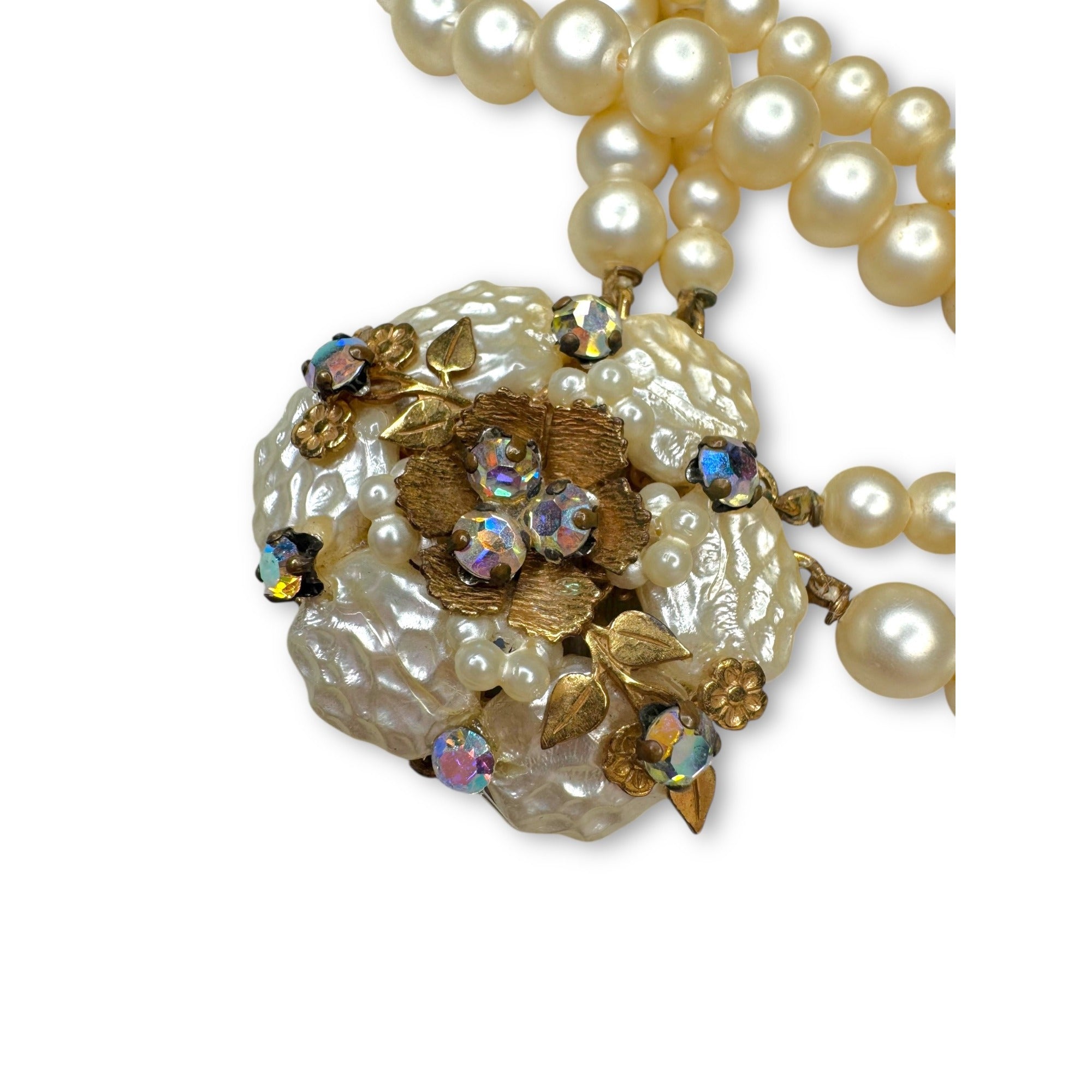 Miriam Haskell Pearl Floral Parure Necklace Bracelet Earrings Set Gold Tone