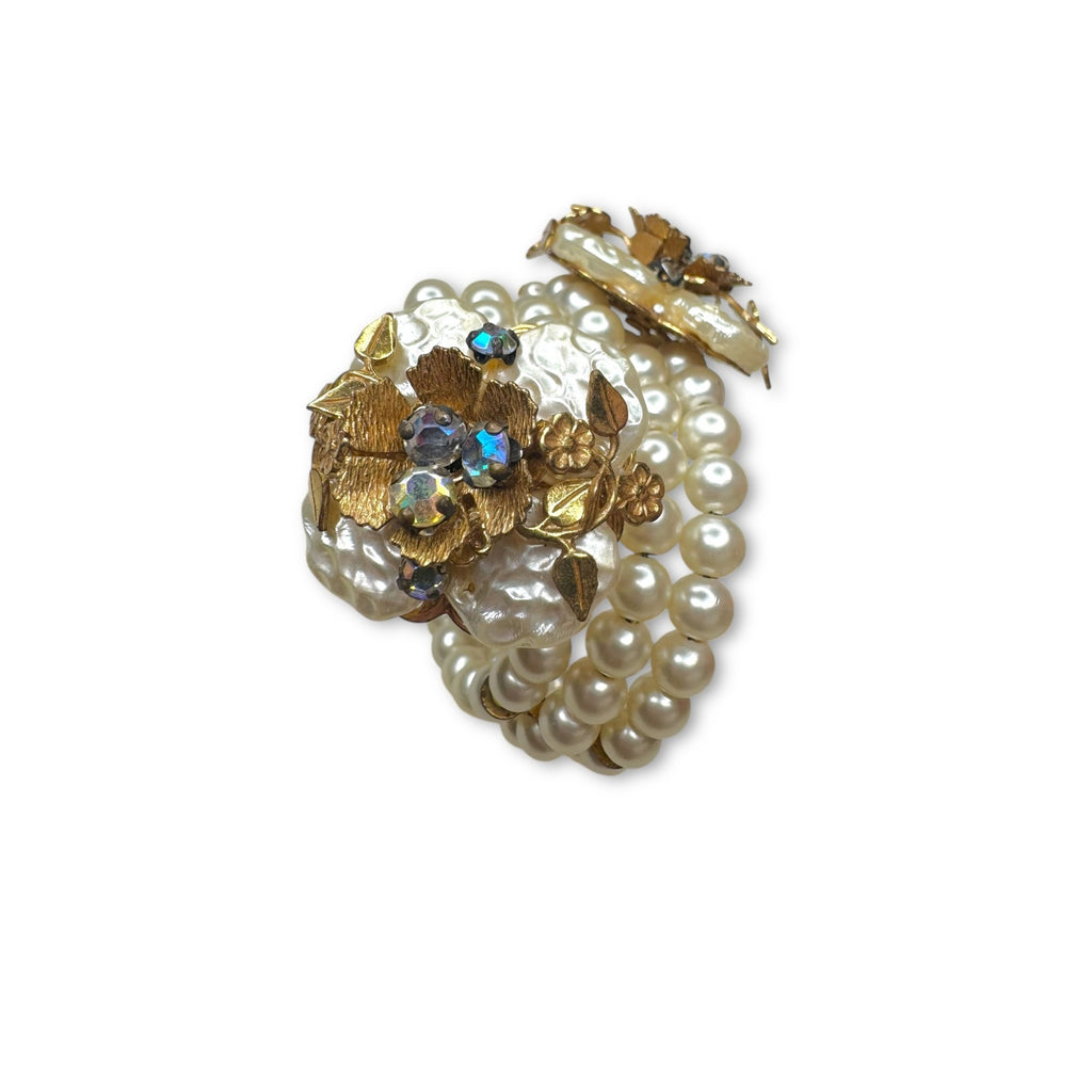 Miriam Haskell Pearl Floral Parure Necklace Bracelet Earrings Set Gold Tone