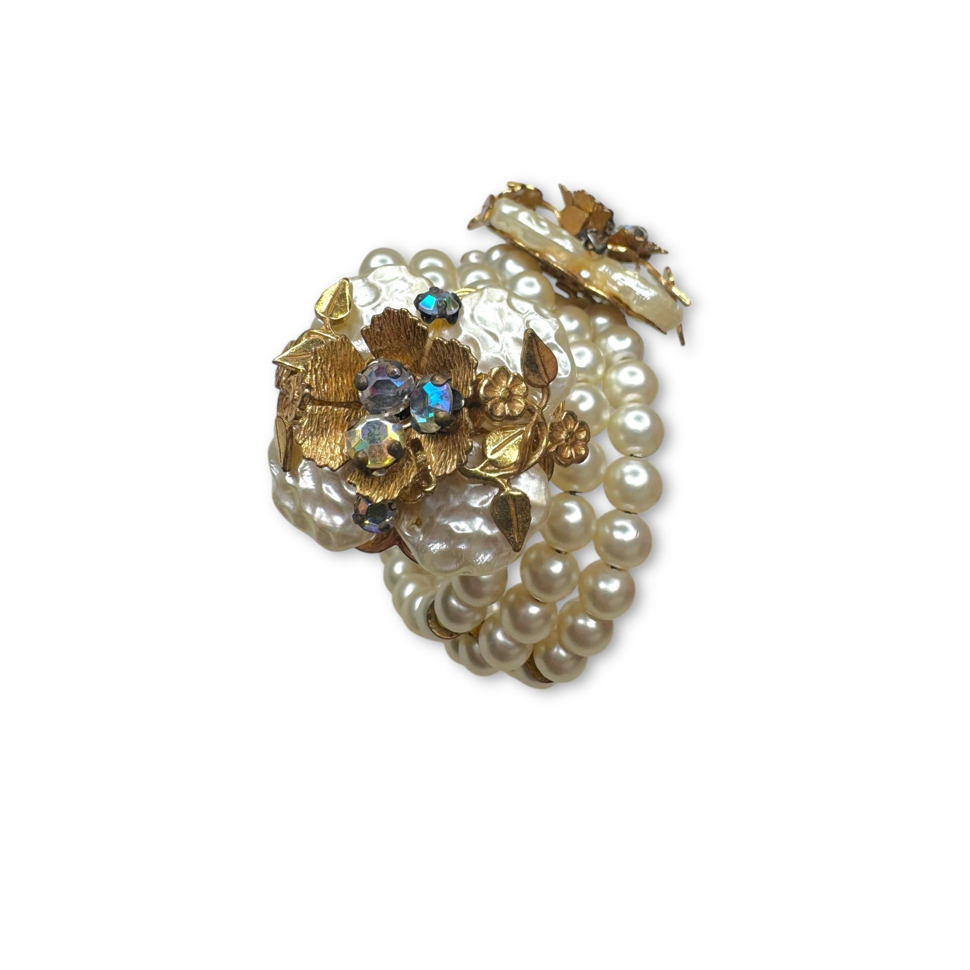 Miriam Haskell Pearl Floral Parure Necklace Bracelet Earrings Set Gold Tone